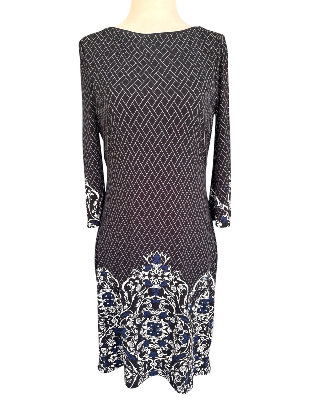 White House Black Market Black & Navy Patterned Bell Sleeve Midi Dress XSP